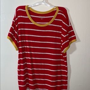 red, white, and yellow tee-shirt